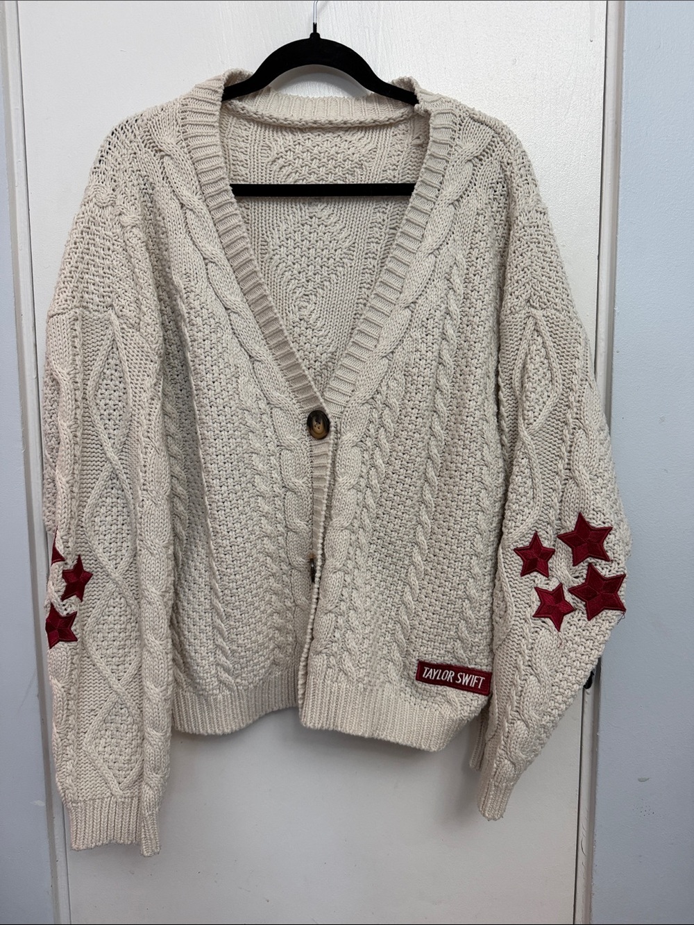 Taylor Swift Cream Cable Knit Cardigan with Red Star Patches